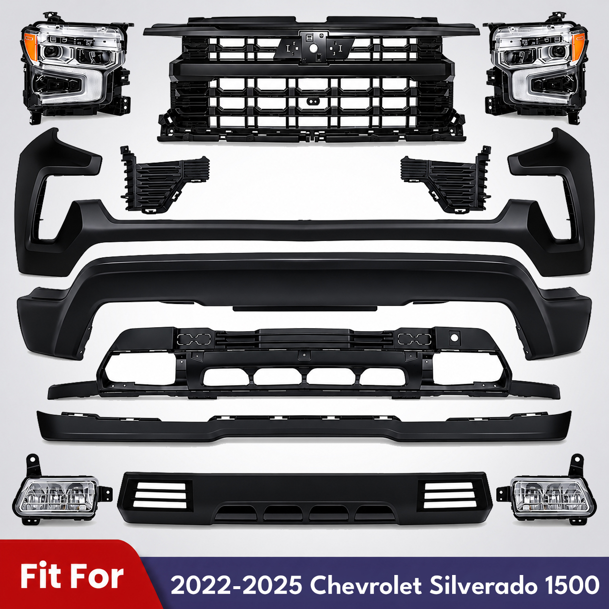 Front Bumper Primed Steel & Headlights Kit For 2022-2025 Chevrolet Silverado 1500