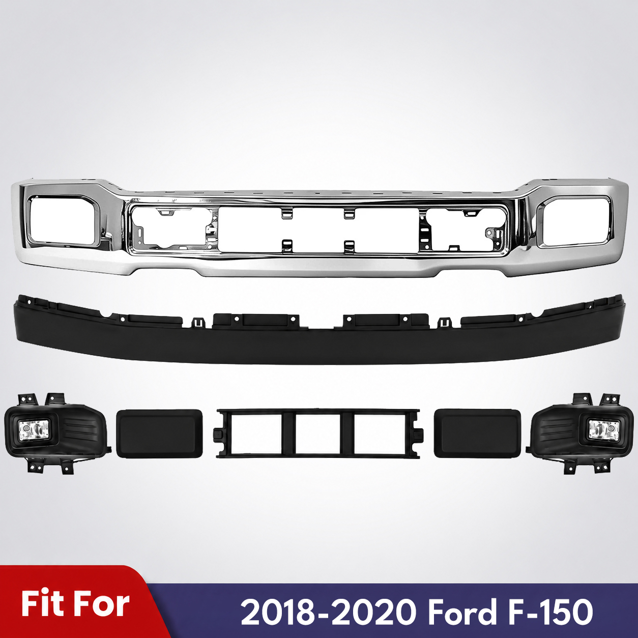 Front Bumper Face Bar Chrome & Fog Lights Assembly Kit For 2018-2020 Ford F-150