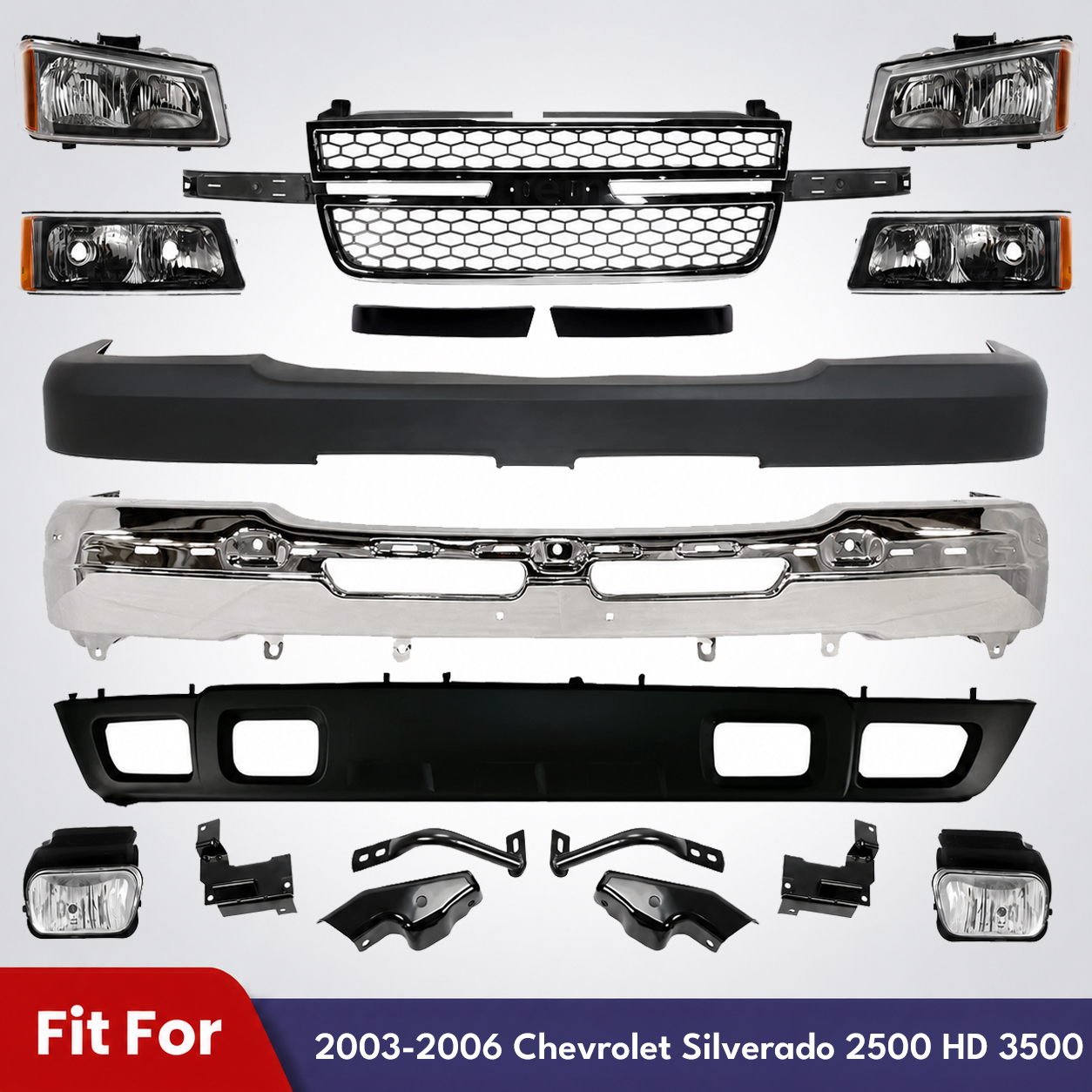 Front Bumper Face Bar Chrome Steel & Headlights Kit For 2003-2006 Chevrolet Silverado 2500 HD 3500