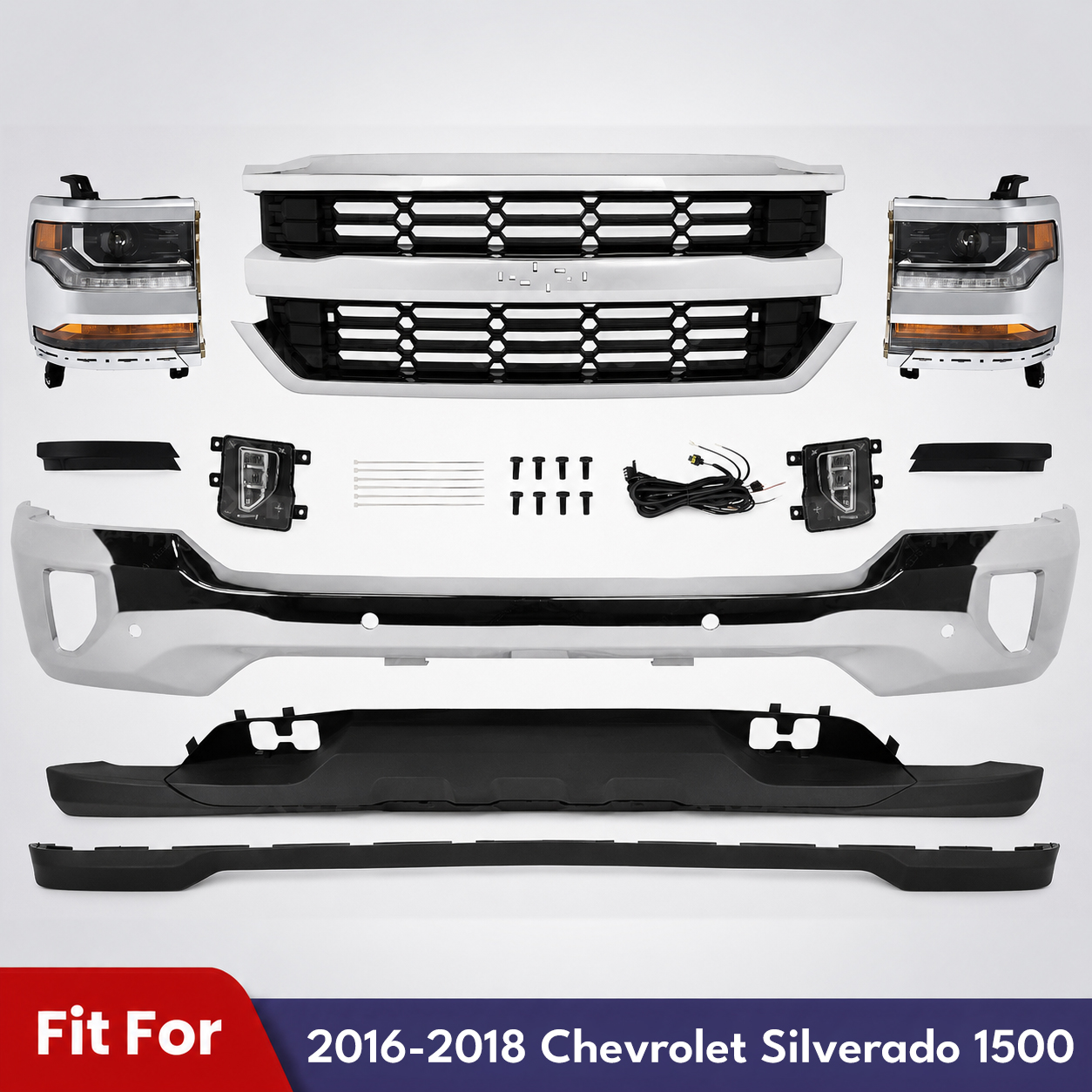 Front Bumper Chrome & Headlights Assembly Kit For 2016-2018 Chevrolet Silverado 1500
