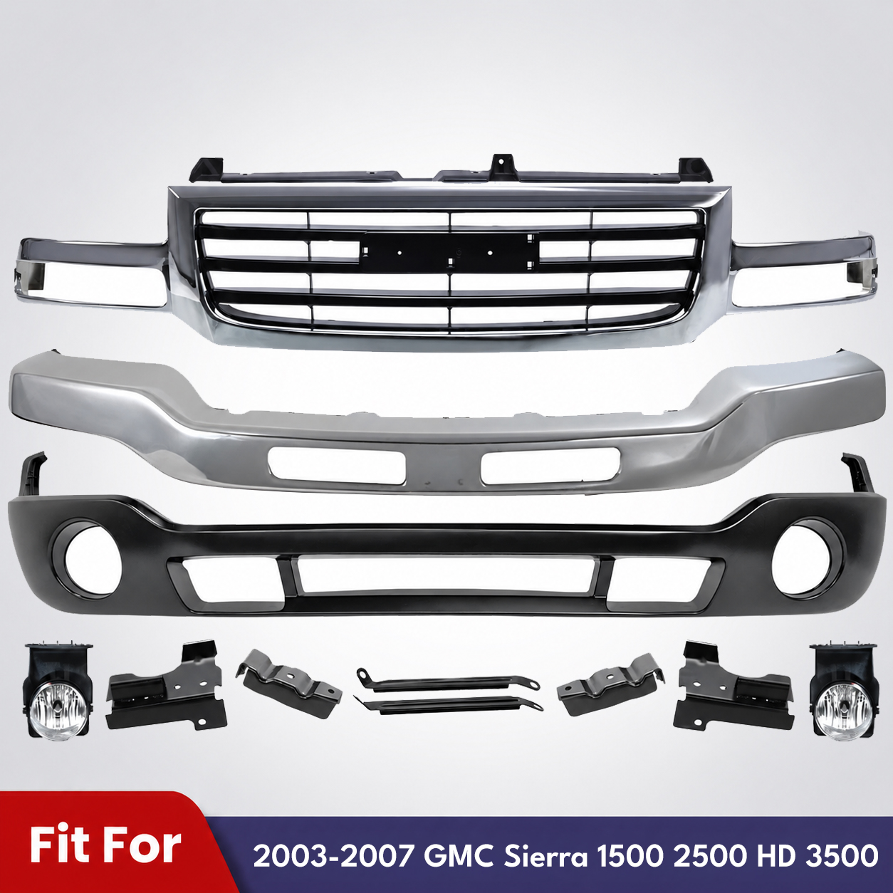 Front Bumper Chrome & Grille Kit For 2003-2007 GMC Sierra 1500 2500 HD 3500