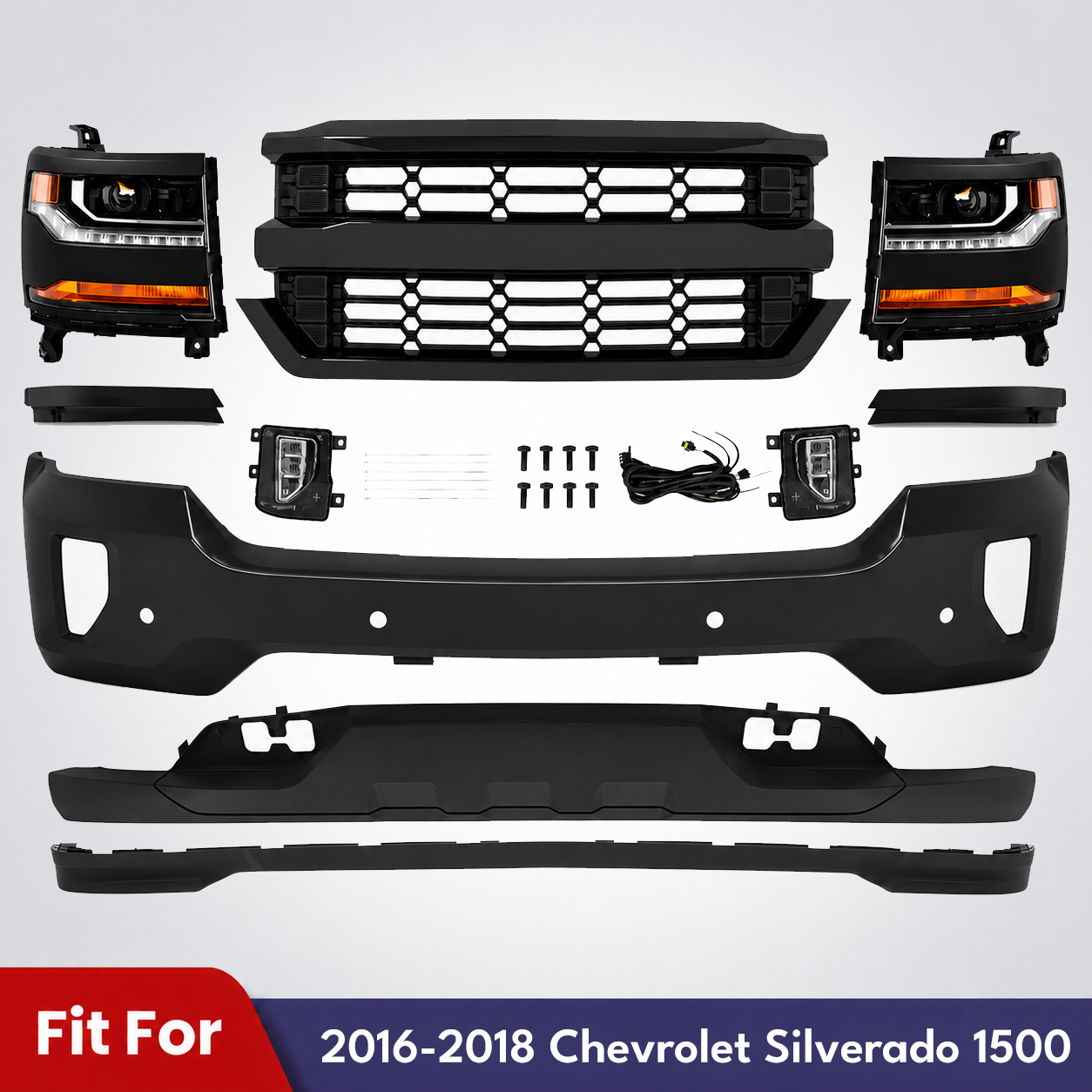 Front Bumper Primed & Headlights Assembly Kit For 2016-2018 Chevy Silverado 1500