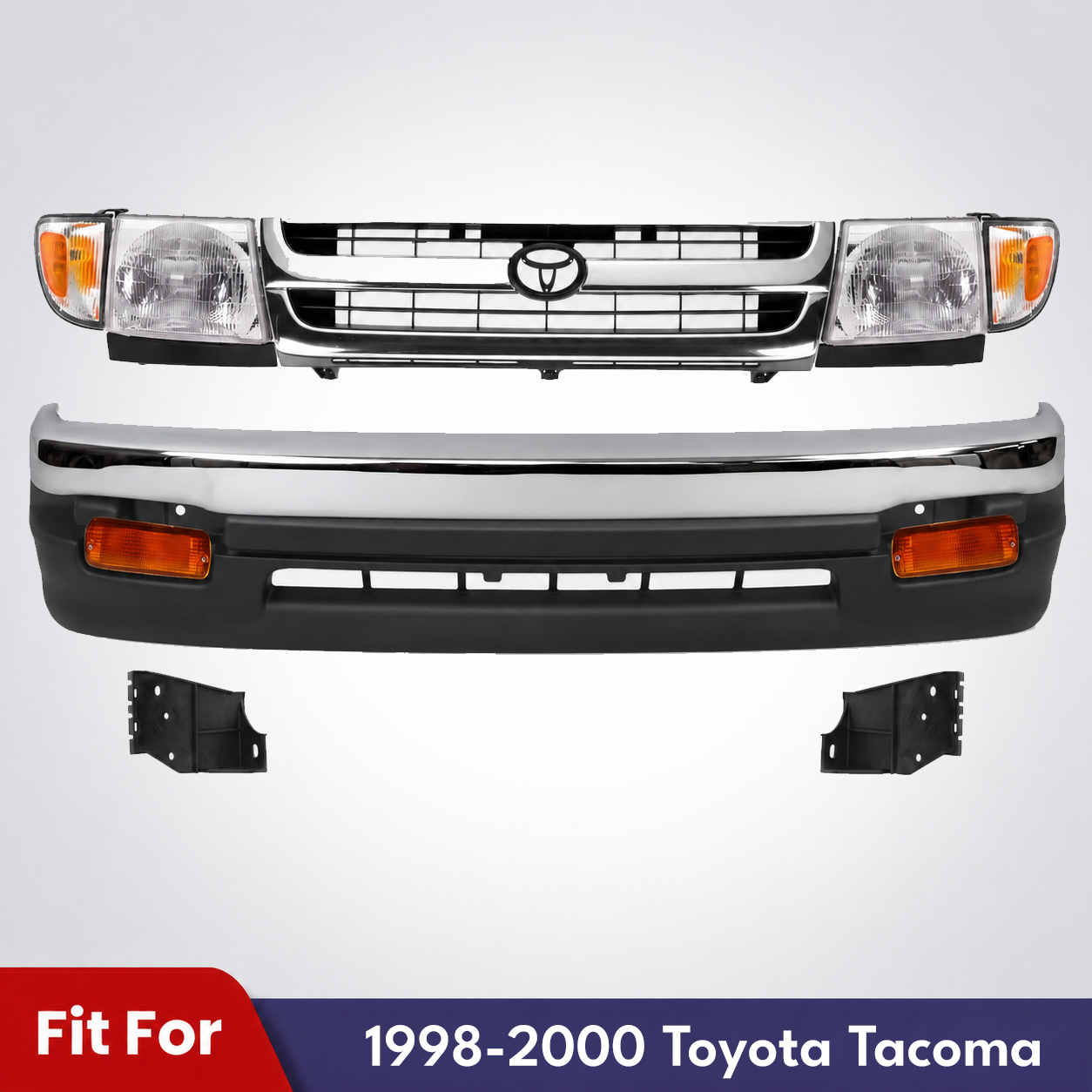 Front Chrome Bumper Face Bar & Headlights Kit For 1998-2000 Toyota Tacoma 2WD