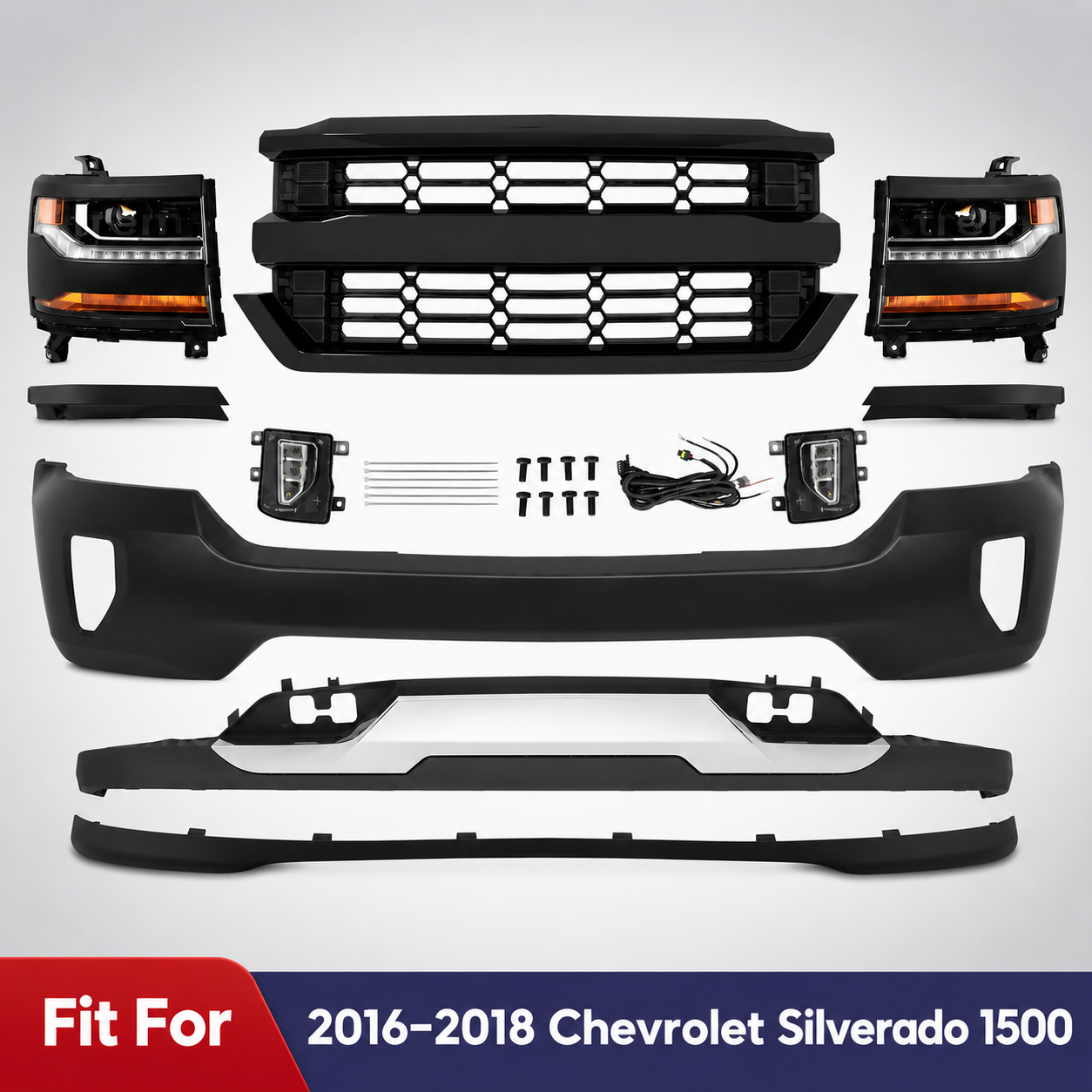 Front Bumper Primed & Headlights Assembly Kit For 2016-2018 Chevy Silverado 1500