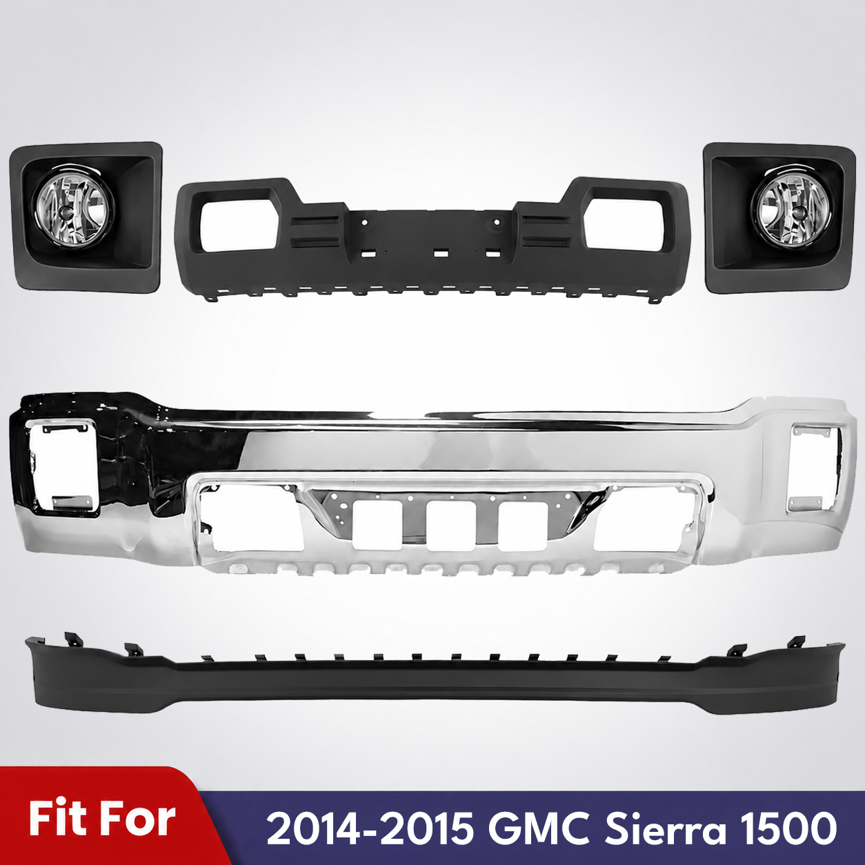 Front Bumper Chrome Steel & Skid Plate Plastic Kit For 2014-2015 GMC Sierra 1500