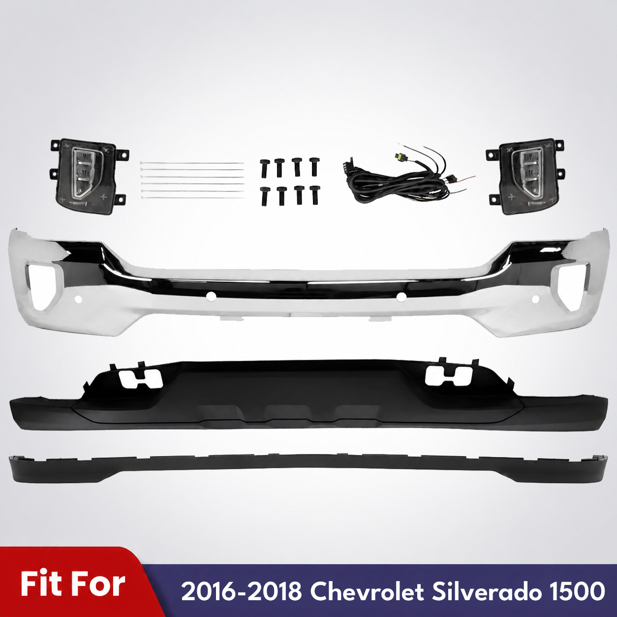 Front Bumper Face Bar Chrome Steel & Fog Lights Kit For 2016-2018 Chevrolet Silverado 1500