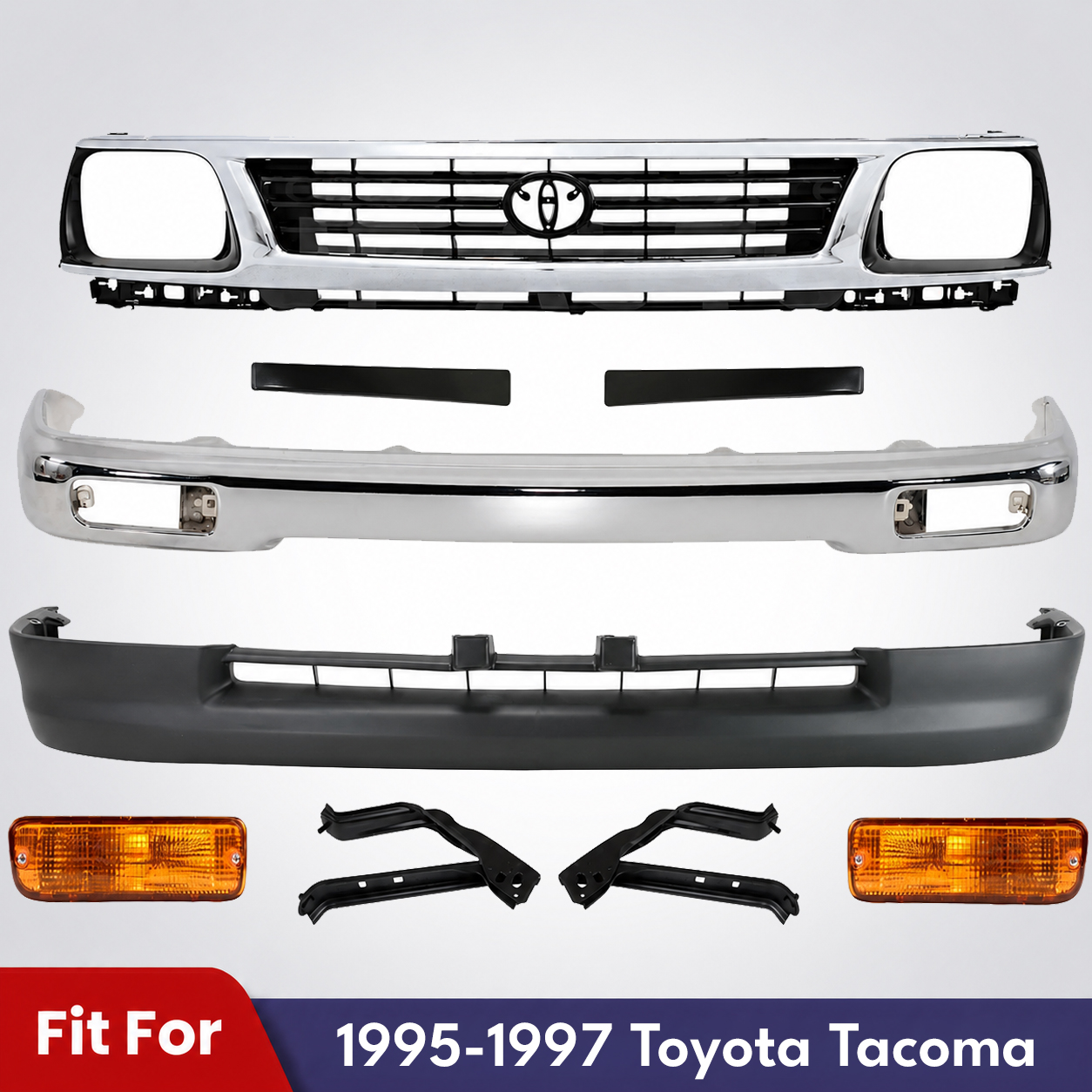 Front Bumper Chrome Steel & Grille Assembly Kit For 1995-1997 Toyota Tacoma